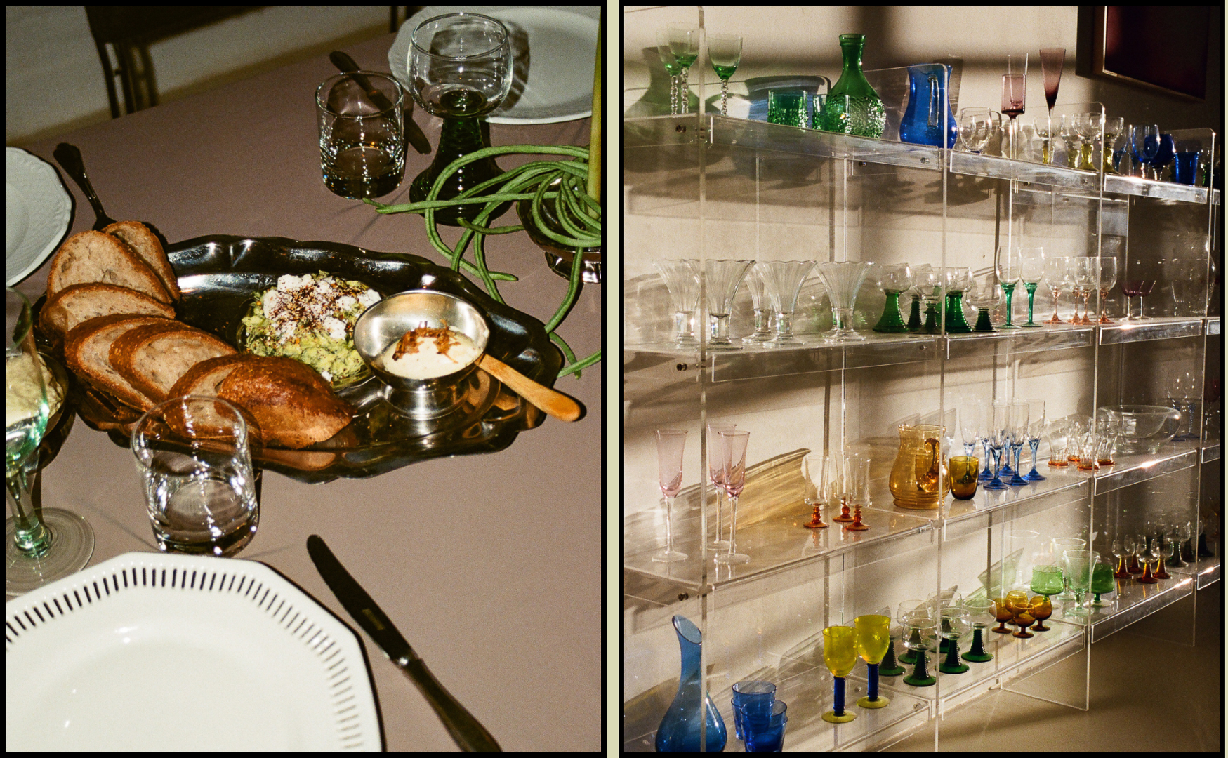 Untitled design – 1 Lunch event in Studio Mucha — brood en dip op serveerschaal, met de gecureerde glaswerk collectie op een transparante kast.